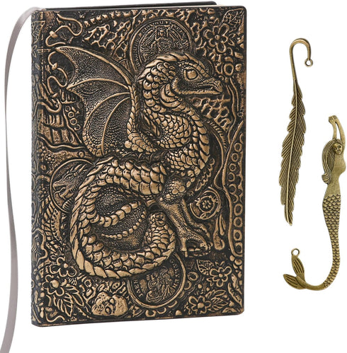Unlined Journal - A5 Blank Sketchbook with Dragon Brass 3D-Embossed Art Pattern, 8.4" x 5.7", 100 Sheets, 200 Pages,