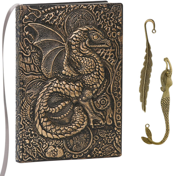 Unlined Journal - A5 Blank Sketchbook with Dragon Brass 3D-Embossed Art Pattern, 8.4" x 5.7", 100 Sheets, 200 Pages,