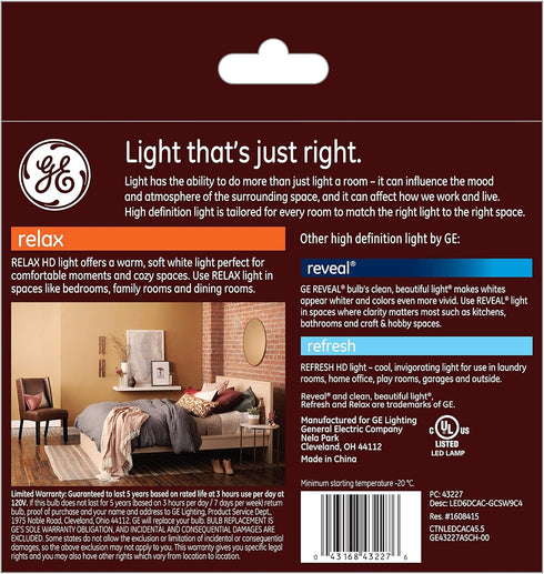 E12 Bulb, 60-Watt Dimmable, 4-Pack GE Lighting Relax HD LED Chandelier Bent Tip Light Equivalent, Clear Finish, Soft