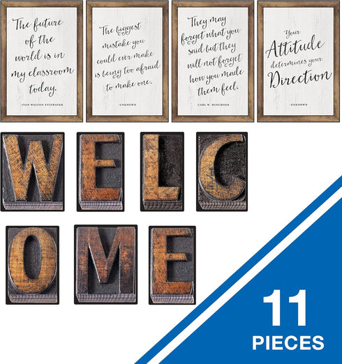 Schoolgirl Style Rustic Welcome Bulletin Board Set—Farmhouse Welcome Sign Letters, 11 pc Industrial Chic Decor