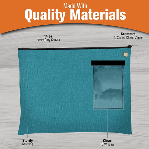 BankSupplies Canvas Interoffice Mailer, 14 oz. | 14W x 11H | Teal | Large Zipper Bag with Grommet