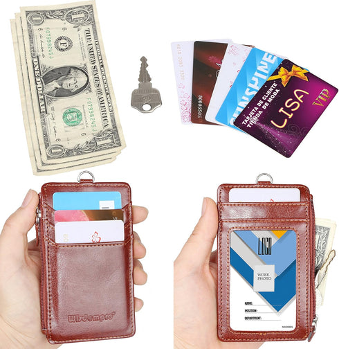 Wisdompro Badge Holder with Zip - 2-Sided Vertical PU Leather ID Holder with 1 ID Window, 4 Card Slots, Brown