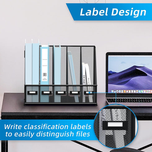 SUPEASY Metal Desk Magazine File Holder with 5 Vertical Compartments, Black Organizer for Office Desktop