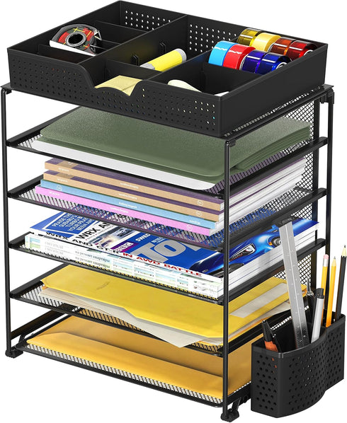 Simple Houseware 5-Tier Document File Tray with Sliding Drawer & Pen Bucket, Black