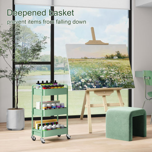 Aofure 3 Tier Rolling Storage Cart Metal with Wheels, Green Baby Diaper Caddy Carts, Three Tiered Craft Cart Organizer