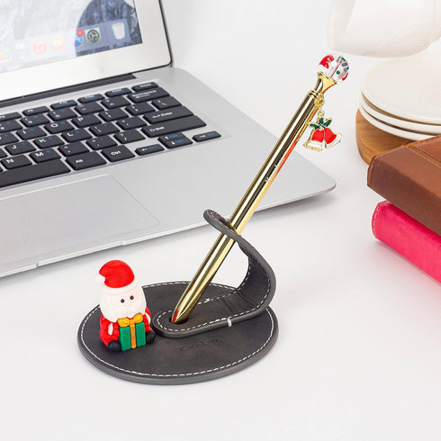 Christmas Novelty Pen and Leather Desk Pen Stand Holder, Unique Fun Writing Gift Pens, Office Home School Party Decor, Santa Claus, Santa hat, Christmas bell, Gold