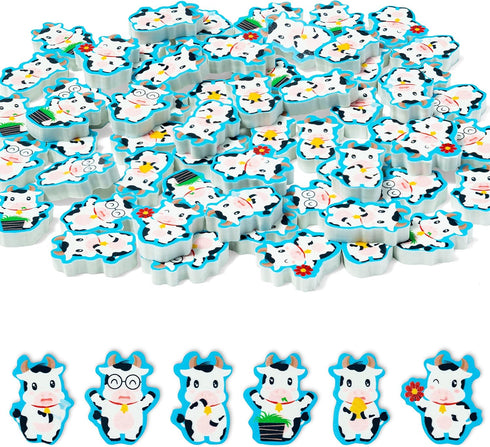Cute Cow Mini Erasers - 60Pcs Back to School Gifts for Kids, Animal Pencil Top Erasers, Farm Animal Birthday Supplies