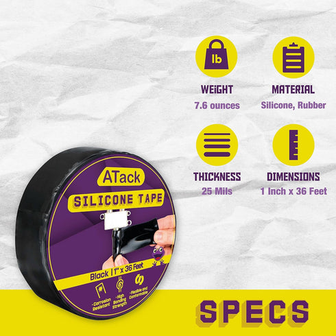 ATack Silicone Self-Fusing Tape, 1-Inch x 36-Foot, Black Waterproof Professional Grade Weatherproof Sealing Wrap Tape
