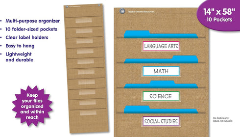 Teacher Created Resources Burlap 10 Pocket File Storage Pocket Chart, 14" x 58"