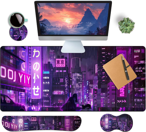 HaoSiTeck 4-Piece Extended Large Mouse Pad Set for Women Men with Purple Anime