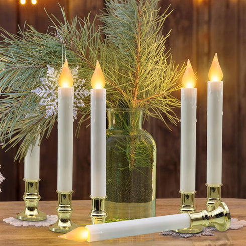 Pack 6 5/19 FURORA LIGHTING LED White Taper Candles with Gold Holders of with Timer, Elegant Flameless Glow for Home