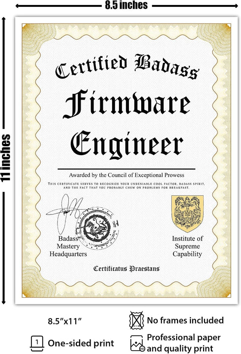 STICKER FRENZY Certified Badass Firmware Engineer Diploma| Funny Personalized Career Gag Gift Idea Novelty Award