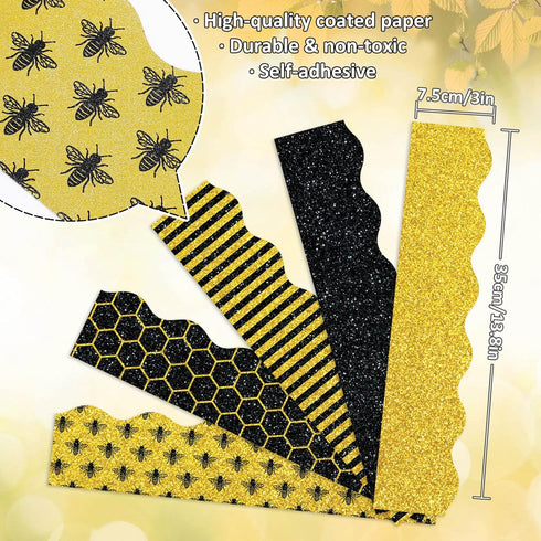 Whaline 69Ft Summer Glitter Bulletin Board Borders 5 Designs Yellow Black Bee Theme Decoration Trim Bee Bulletin Board Stickers for School Classroom Office Bee Party Decoration