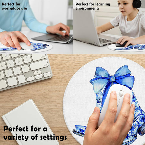 BILLAION 7.9x7.9 Inch Chinoiserie Western Cowgirl Mouse Pad for Desk, Blue Bow Floral Cowgirl Boots Mousepad for Work