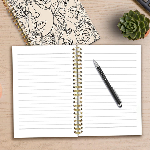 Boho Abstract Minimalist Woman Face Line Flower Spiral Notebook, Laminated Hard Cover, College Ruled 5.5×8.3 Inches