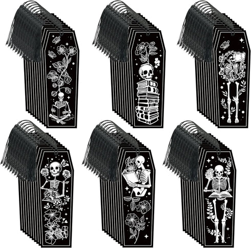 Haooryx Halloween Skeleton Coffin Bookmarks, 60Pcs Gothic Double-Sided Bookmarks with Black Tassels