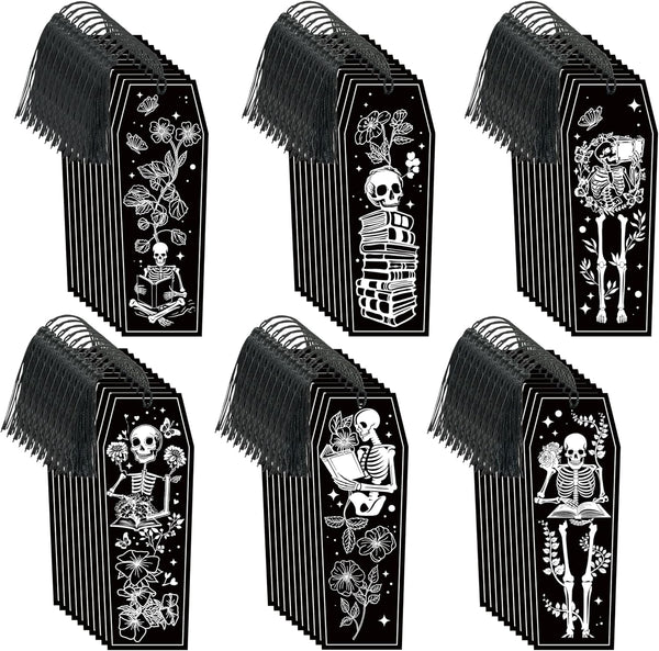 Haooryx Halloween Skeleton Coffin Bookmarks, 60Pcs Gothic Double-Sided Bookmarks with Black Tassels
