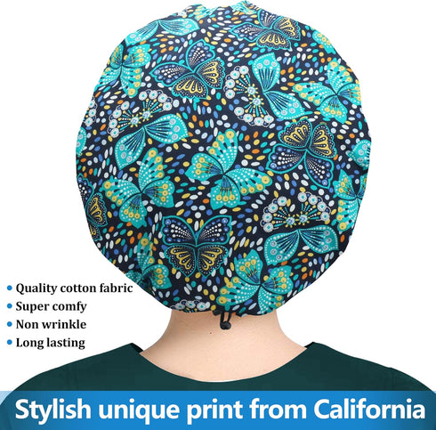 2 Pack ABAMERICA Bouffant Caps with Button and Sweatband, Adjustable Scrub Caps for Women Men, One Size Multi Color