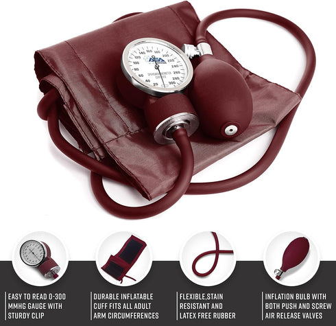 ASA TECHMED Manual Blood Pressure Monitor - Aneroid Sphygmomanometer Blood Pressure Cuff arm for Nurses Universal (Maroon) Standard