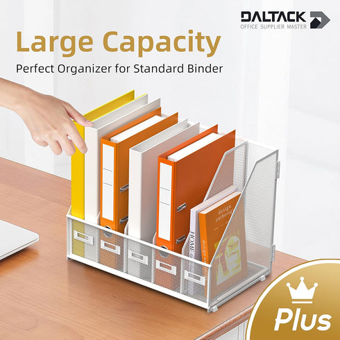 DALTACK Desk Organizers Magazine Binder Folder Holder with 5 Vertical Compartments, Metal Mesh, White