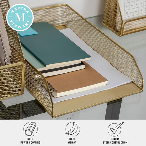 Martha Stewart Ryder Gold Mesh Metal Paper Letter Inbox Tray, 2 Pack Desktop Organizer