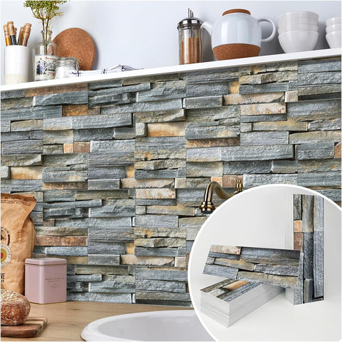 3-Pieces Peel and Stick Backsplash Tiles for Kitchen 4"x 12" PVC Self-Adhesive Subway Matte Faux Stone Wall Panel