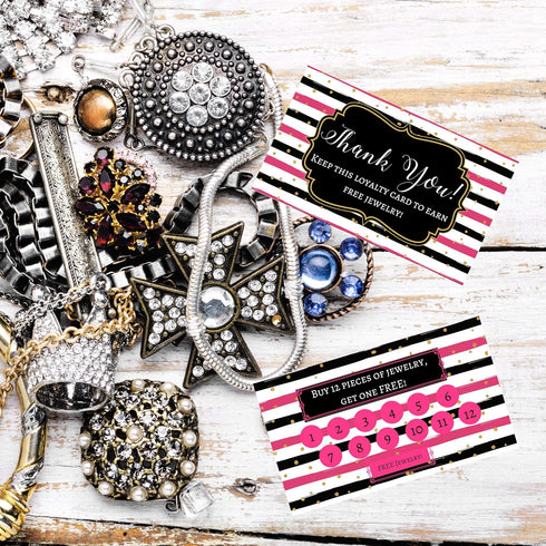 Jewelry Loyalty Cards | 50 Pack Thank You Notes | Black and Pink Stripe with Gold Dots | 5 Bling Buy 12 Get One Free