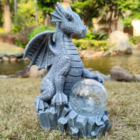 RCTTICUU Solar Dragon Garden Statues Outdoor Decor, Resin Dragon Figurine with Solar Crackle Globe LED Lights Lawn