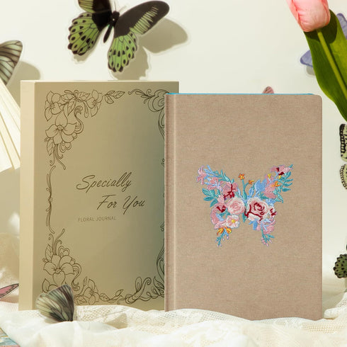 Embroidered A5 Hardcover Journal for Women, College Ruled Notebook with Gift Box, Butterfly Floral Design for Writing