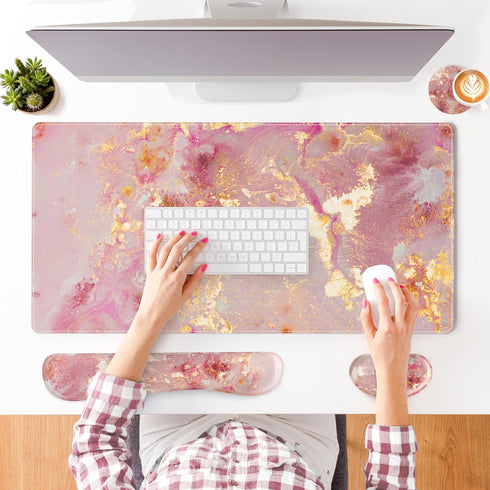 QiyI Set, 4-in-1 Leather Desk Mat Large Mouse Pad with Wrist Rest, Non-Slip Desk Pad + Keyboard Wrist Rest + Mouse