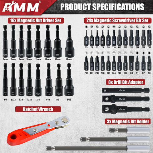 AMM 47PCS Set, Set 1/4" Magnetic Nut Driver & Screwdriver Bit Includes Nut Driver for Impact Drill, Screwdriver Bit