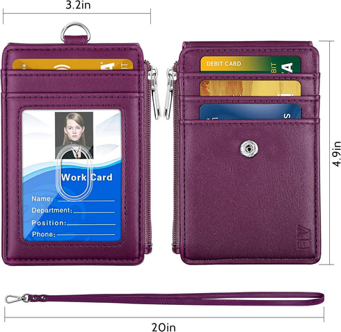 ELV PU Leather ID Badge Holder with Zipper, 5 Card Slots, RFID Blocking Pocket, 20 inch Neck Lanyard, Purple