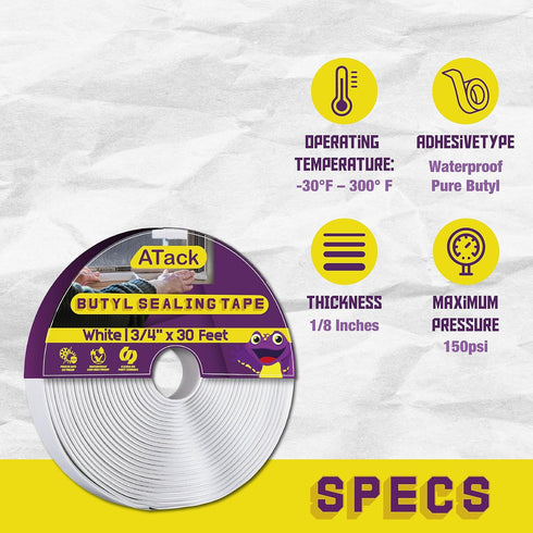 ATack White Butyl Seal Tape 1/8-Inch x 3/4-Inch x 30-Foot Leak Proof Putty Tape for RV Repair, Window, Boat Sealing, Glass and EDPM Rubber Roof Patching by ATack
