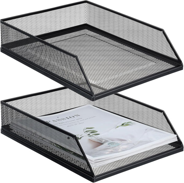 Hicarer 2 Pcs Black Metal Letter Tray, Stackable Desk Organizer for Paper Holder, 12.8 x 9.84 Inch