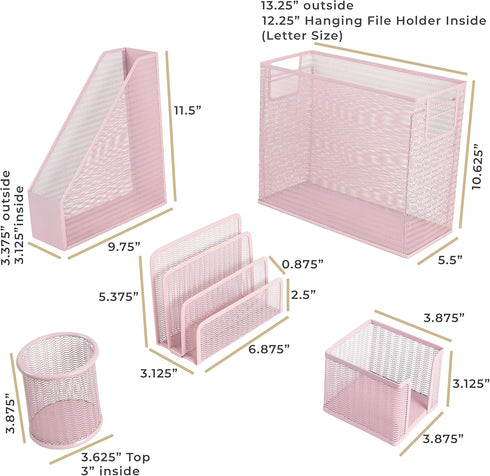 BLU MONACO 5 Piece Pink Desk Organizer Set, Office Supplies with Hanging File Organizer, Magazine Holder, Pen Cup