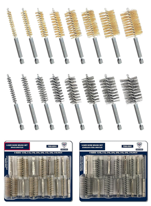 16-PC Bore Brush Set - 8-Size Stainless-Steel and Brass Wire Brushes for Power Drill Cleaning Tool