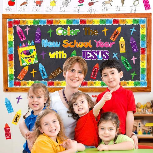 88Pcs Set BeYumi Color the New School Year with JESUS Christian Bulletin Board Colorful Crayons Cross Cutouts Border