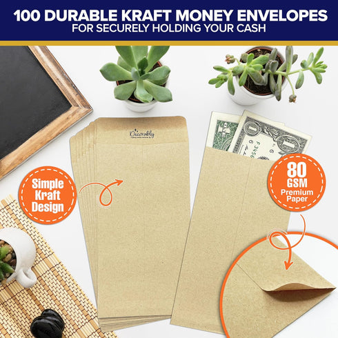 Decorably 100 Pack Kraft Small Money Envelopes, 3.5 x 6.5, Brown Small Coin Envelopes for Cash