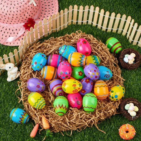 72PCS 2.3" JOYIN Printed Empty Plastic Eggs, Bright Colorful Plastic Eggs Bulks for Festival Hunt, Filling Treats