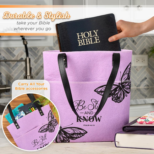 Christian Art Gifts Felt and Faux Leather Fashion Bible Cover Tote Bag with Inspirational Scripture