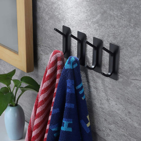 YIGII Towel Hook/Adhesive Hooks, Black Wall Hooks for Bathroom and Kitchen, Heavy Duty 4-Pack