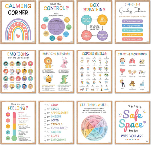 BEAWART 9 Calming Corner Classroom Posters, Mental Health Therapy Office Decor for Kids and Preschool