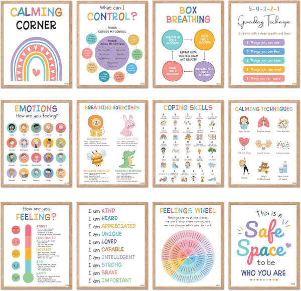 BEAWART 9 Calming Corner Classroom Posters, Mental Health Therapy Office Decor for Kids and Preschool