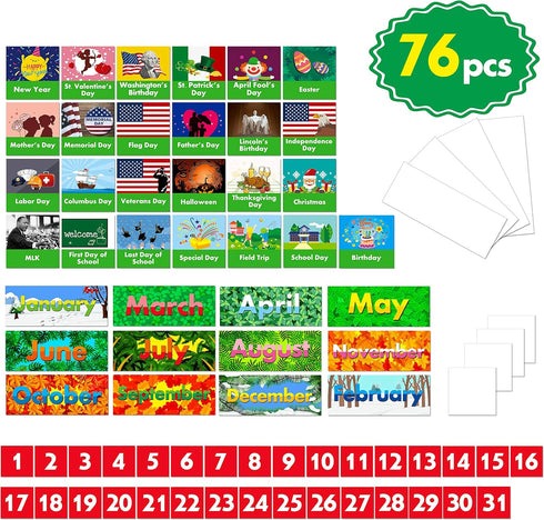 Blue Calendar Pocket Chart with 76 Cards - 68 Illustrated Activity Cards, 8 Dry Erasable Flash Cards & 3 Hooks
