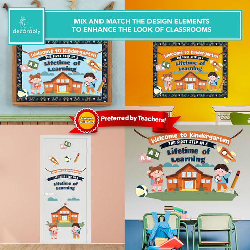 Decorably Kindergarten Bulletin Board Set 49 Pcs Boho Decorations with Borders - Welcome Bulletin Board Set, Rainbow