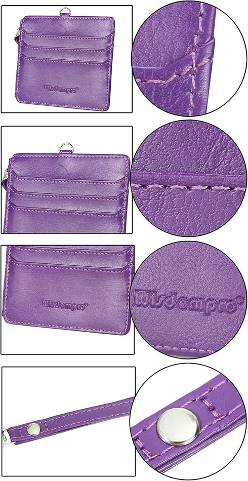 Wisdompro 2-Sided PU Leather ID Badge Holder with Zip, 1 ID Window, 4 Card Slots, 20 Inch Lanyard Strap - Purple