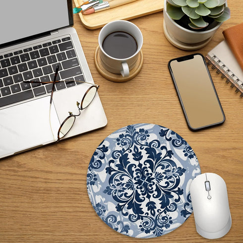 BILLAION 7.9x7.9 Inch Vintage Navy Blue and White Floral Mouse Pad for Desk, Classical Baroque Art Nouveau Flower