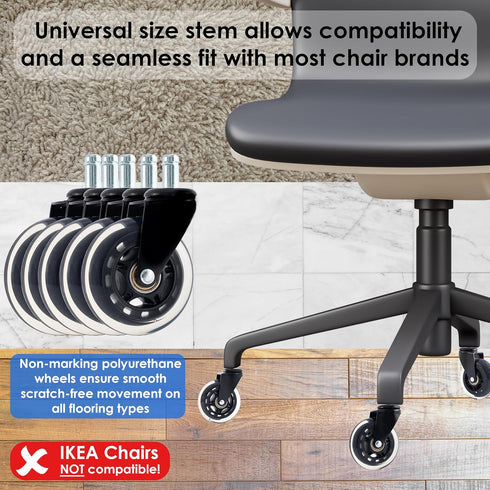 Innovative Haus Premium Office Chair Wheels Replacement Set of 5 - Heavy Duty 3'' Clear Caster Wheels for Carpet & Hardwood Floors - Universal Fit, Quiet & Smooth Rolling - No Desk Floor Mat Needed