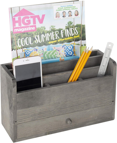 MyGift Rustic Gray Solid Wood Office Desk Organizer, 5 Slot Wooden Mail Sorter with Pull Out Drawer
