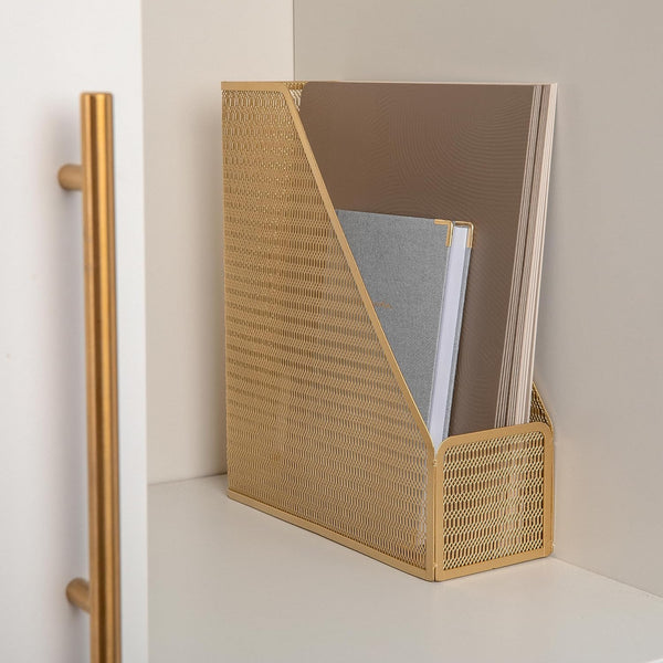 Martha Stewart Ryder Gold Mesh Metal Magazine File Holder, Desktop Organizer (9.75 x 3.75 x 11.5)